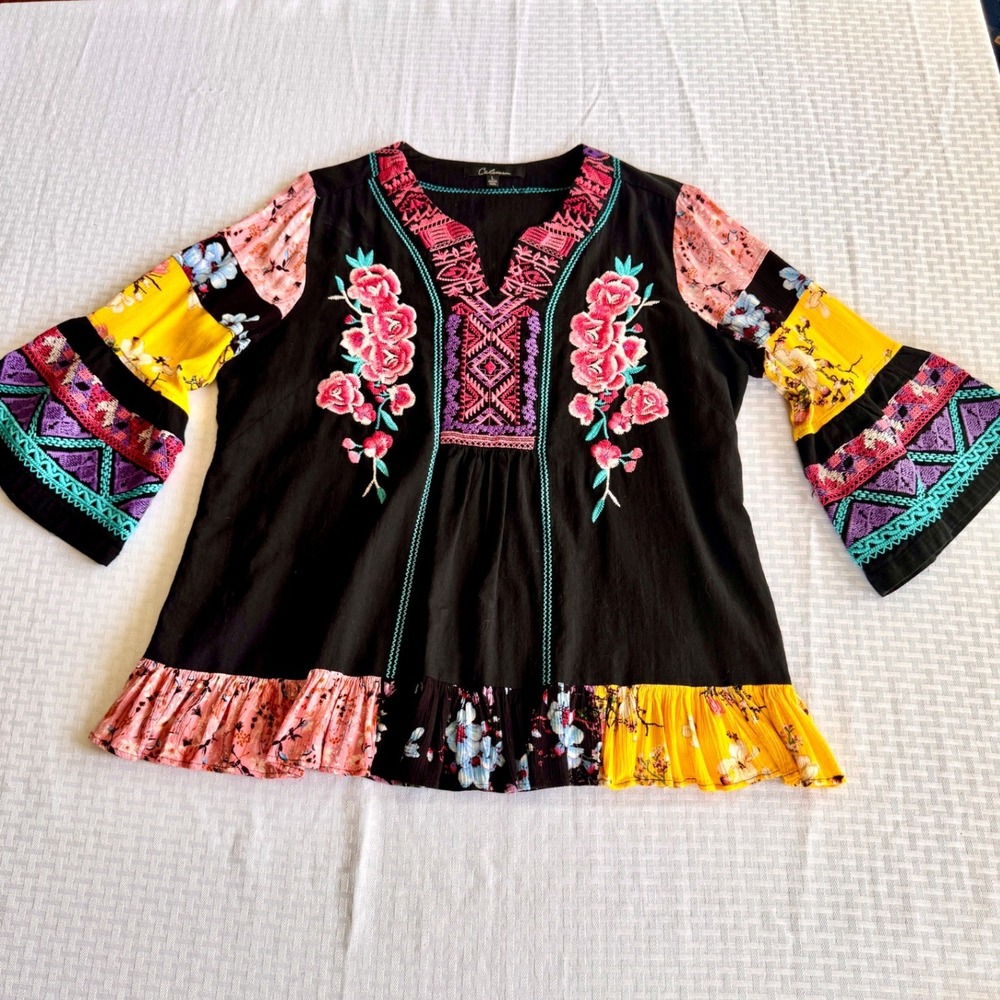 Calessa Boho Embroidered Floral Patchwork Bell Sleeve Top Black Pink Large